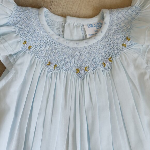 Smocked Blue Heirloom Romper Boutique Pin Tucks Bullion Embroidery NWT - Picture 2 of 5